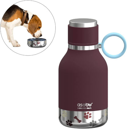 Dog Bowl Attached to Stainless Steel Insulated Travel Bottle for Human 33 Ounce (Burgundy)