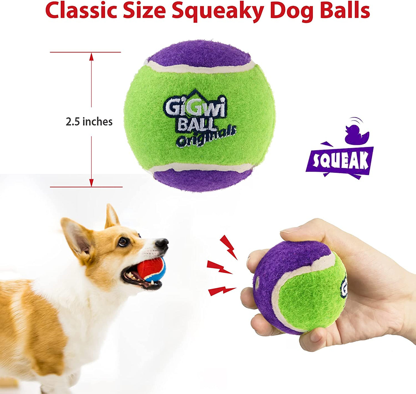 High Bounce Squeaky Tennis Balls for Dogs - 2.5 Inches, 3 Pack