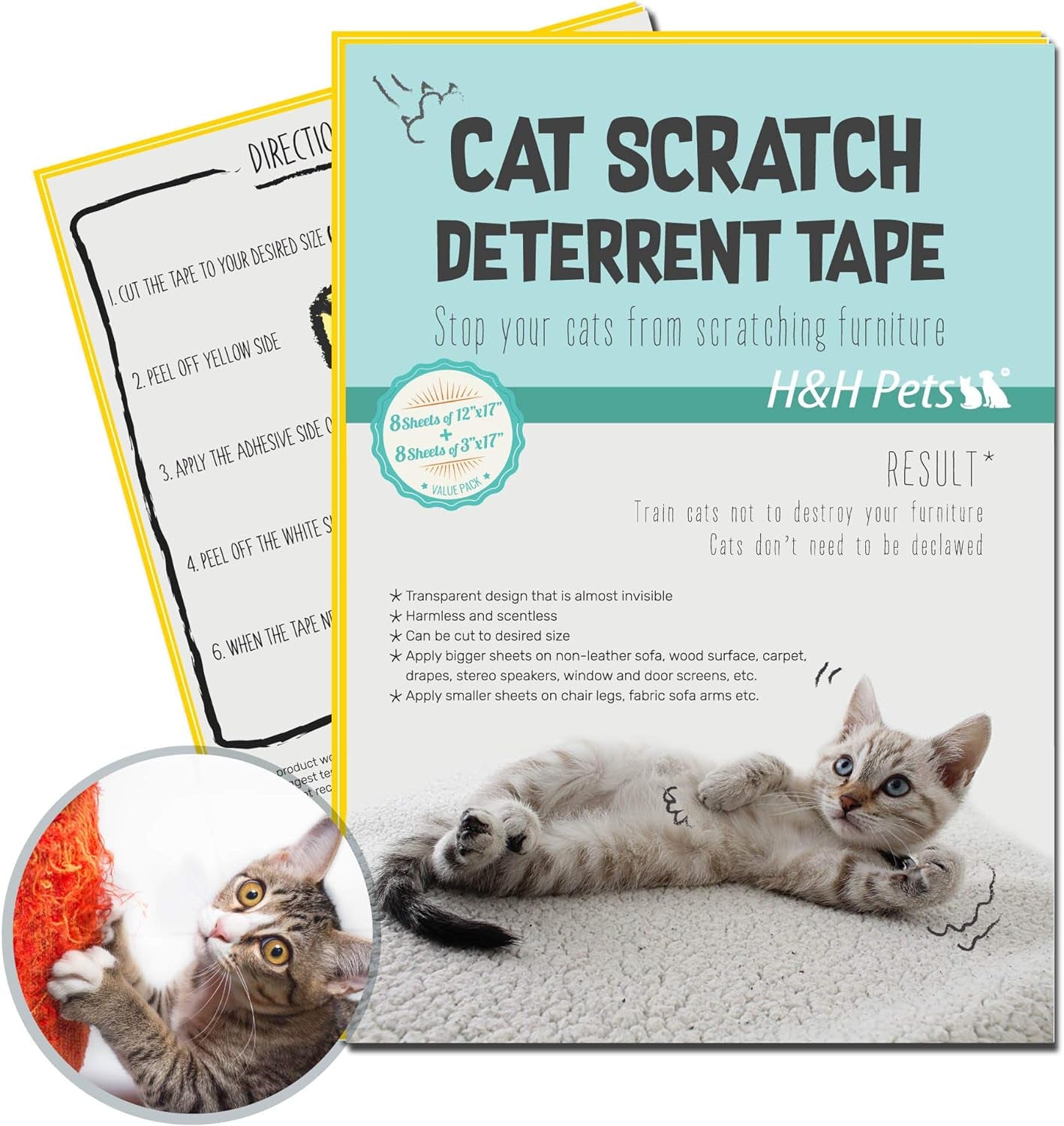 Cat Scratch Deterrent Tape - Pet-Friendly Furniture Protectors - Double-Sided Training Tape - 8 Sheets of 12X17 & 8 Sheets of 3X17 - Prevent Scratches Safely