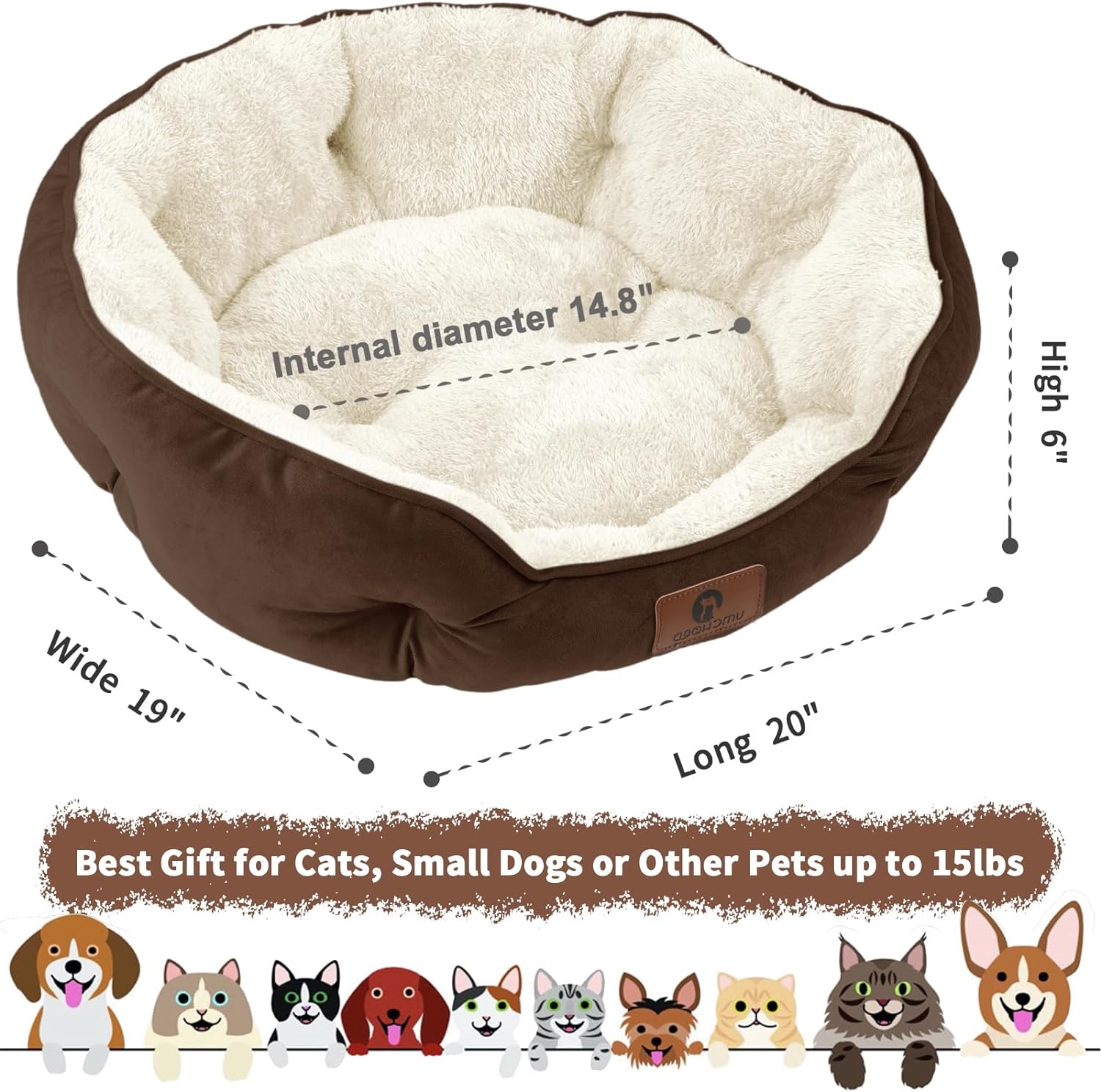 Compact Pet Bed: Soft & Washable, Anti-Slip, Water-Resistant Base, 20" Brown