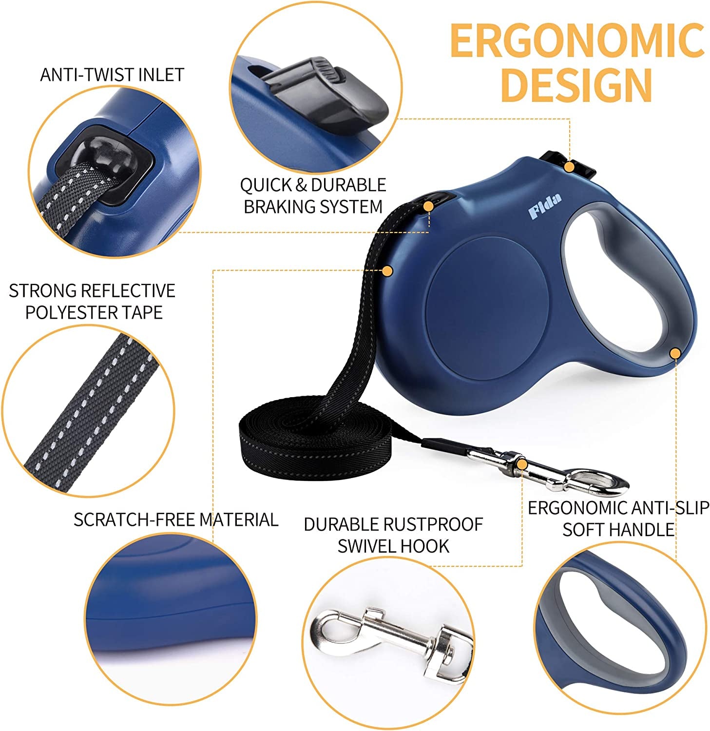 16 Ft Retractable Dog Leash with Dispenser & Poop Bags - Large Dogs up to 110 Lbs - Anti-Slip Handle - Tangle-Free - Reflective Nylon Tape (L, Navy Blue)