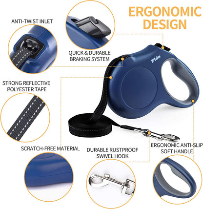 16 Ft Retractable Dog Leash with Dispenser & Poop Bags - Large Dogs up to 110 Lbs - Anti-Slip Handle - Tangle-Free - Reflective Nylon Tape (L, Navy Blue)