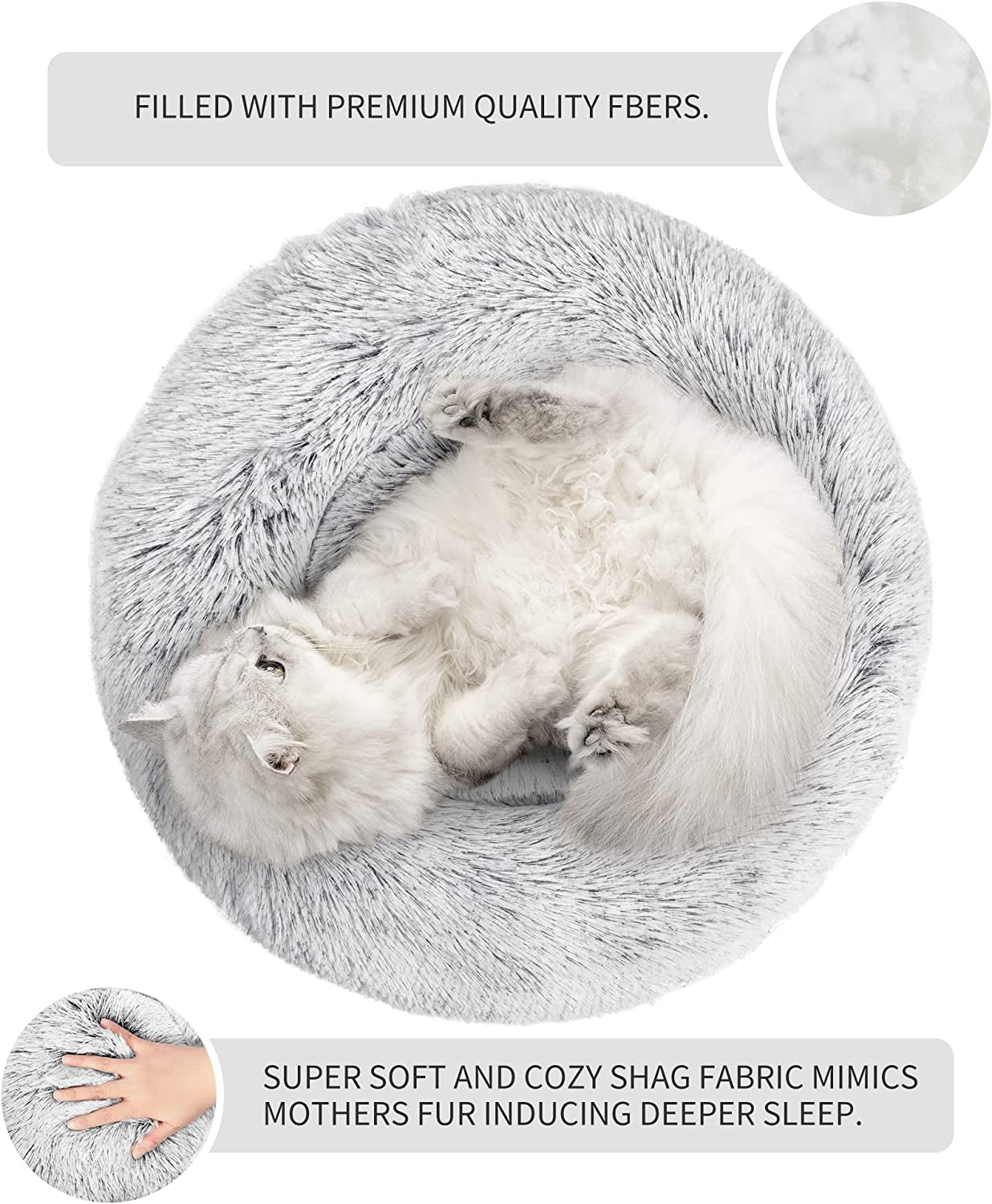 24" Grey Fluffy Cat Bed: Waterproof Bottom, Machine Washable - Cozy Calming Cushion for Pets