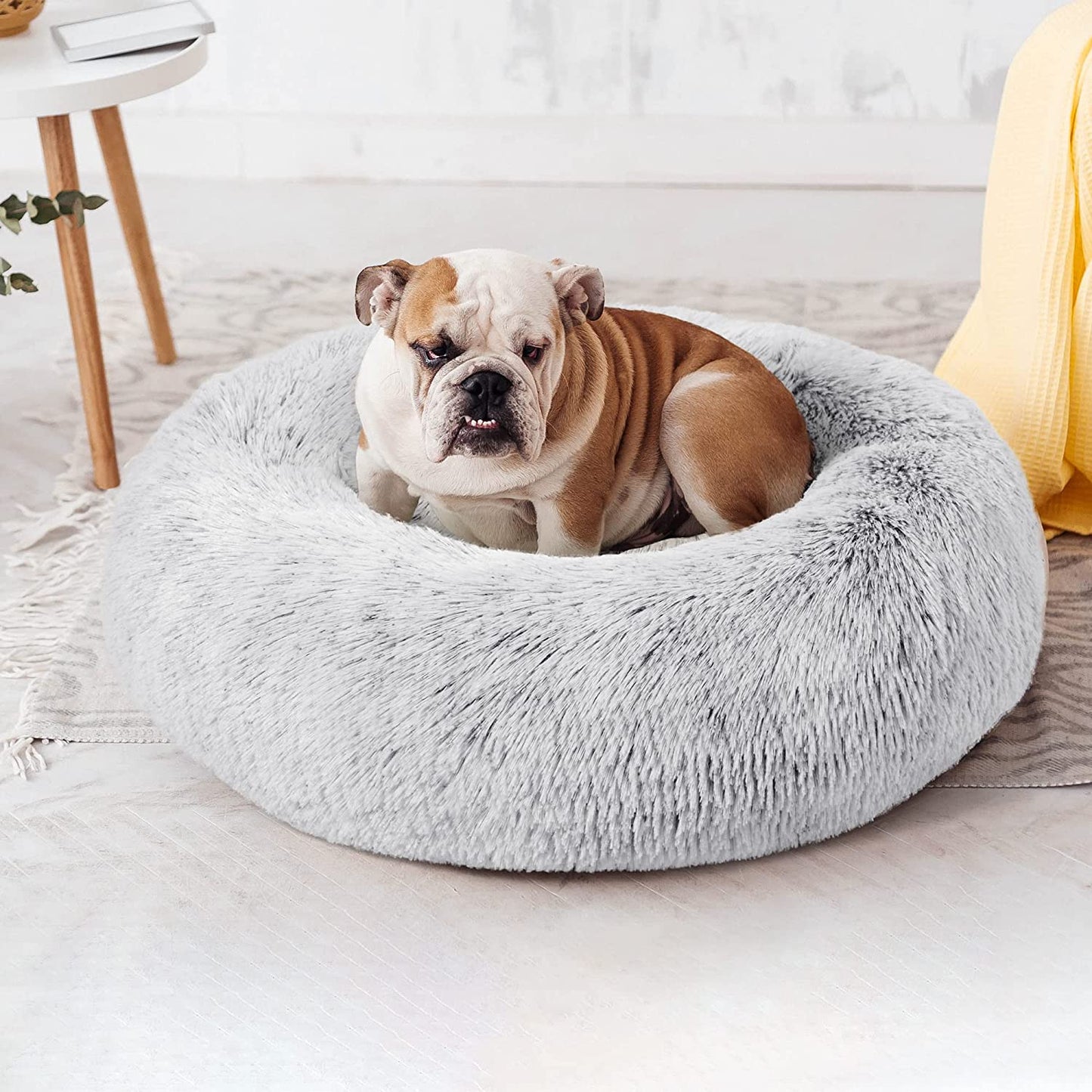 24" Grey Fluffy Cat Bed: Waterproof Bottom, Machine Washable - Cozy Calming Cushion for Pets