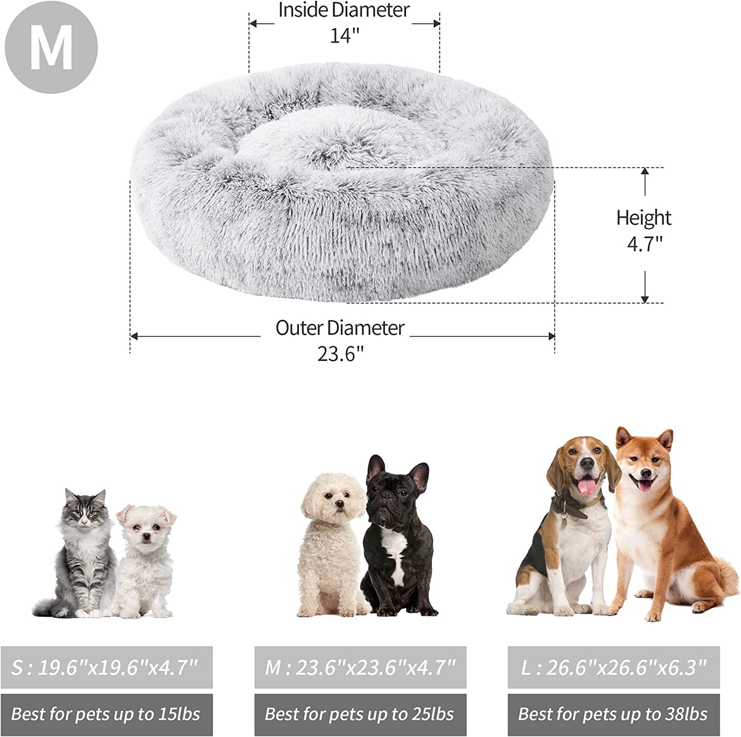 24" Grey Fluffy Cat Bed: Waterproof Bottom, Machine Washable - Cozy Calming Cushion for Pets