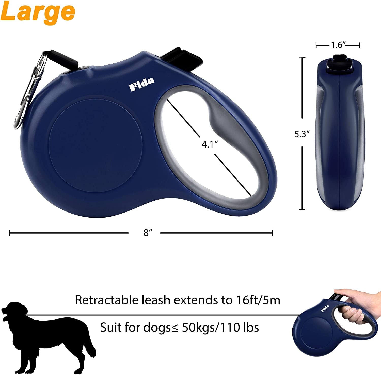 16 Ft Retractable Dog Leash with Dispenser & Poop Bags - Large Dogs up to 110 Lbs - Anti-Slip Handle - Tangle-Free - Reflective Nylon Tape (L, Navy Blue)