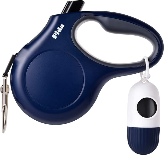 16 Ft Retractable Dog Leash with Dispenser & Poop Bags - Large Dogs up to 110 Lbs - Anti-Slip Handle - Tangle-Free - Reflective Nylon Tape (L, Navy Blue)